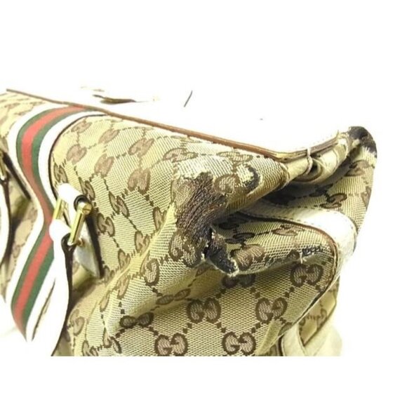 Gucci Vintage Jolicoeur Satchel Brown Large G Print Canvas w White Leather - Picture 6 of 10